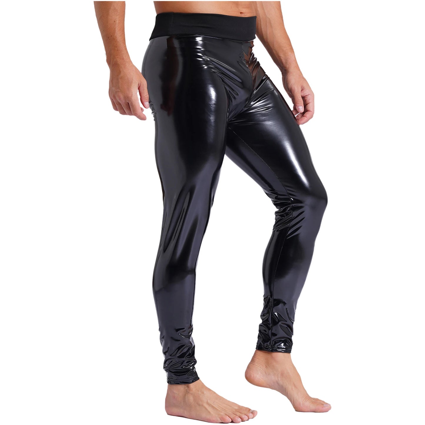 Mens Stretchy Leggings Skinny Trousers Fashion Patent Leather Latex Long Pants High Waist Rave Party Clothings Wet Look Clubwear