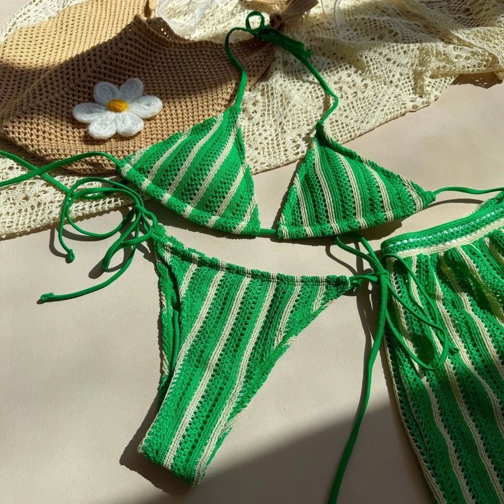 Casual Stripes 3 in 1 Swimwear Set Sleeveless Slim Fit Bikini Bathing Suit Lace Up Deep-V Knitting Swimsuit Beach