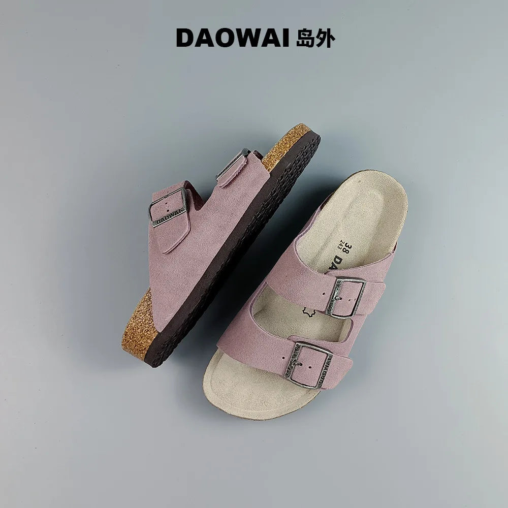 Genuine Leather Men Women Cow Suede Slippers Boy Girl Beach Slides Classic Cork Footbed Women Sandals  With Orthopedic Diabetic