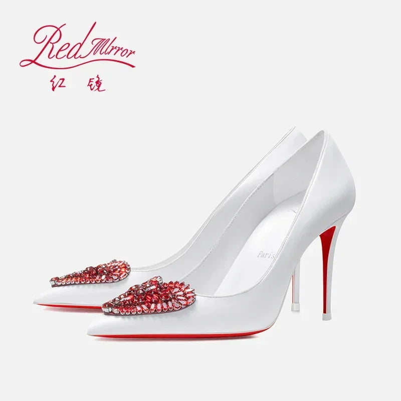 Red Bottom Love Water Diamond Shallow Mouth Pointed White High Heels, Women's Style Mingyuan Slim Heels