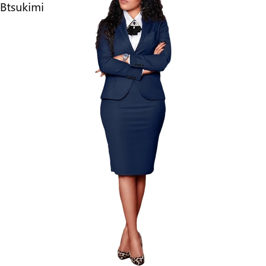2026 Women Two Pieces Elegant Dress Sets Long Sleeve Suit Tops and Wrap Hip Midi Skirt Office Lady Outfits High Street Women Set