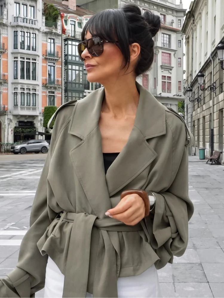 Lace Up Jacket For Women Casual Long Sleeve Turn Down Collar Autumn Outerwear