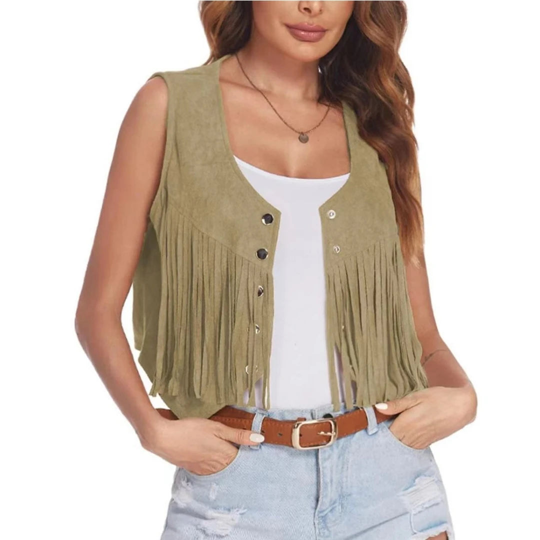 Women Faux Suede Ethnic Sleeveless For Jacket Rivet Fringe Tassels Hippie Open Front Cardigan Vintage Cowgirl Waistcoat Vest