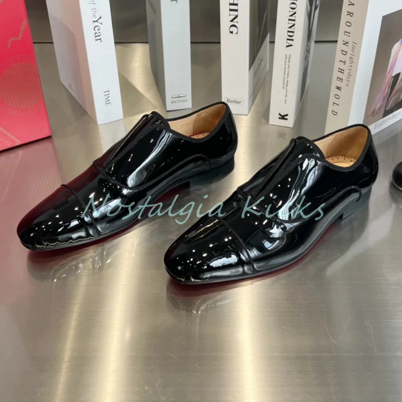 Black Shine Studded Detail Dress Shoes Patent Leather Red Lining Lace Up Men's Formal Shoes Casual Office Wear Oxford Shoes