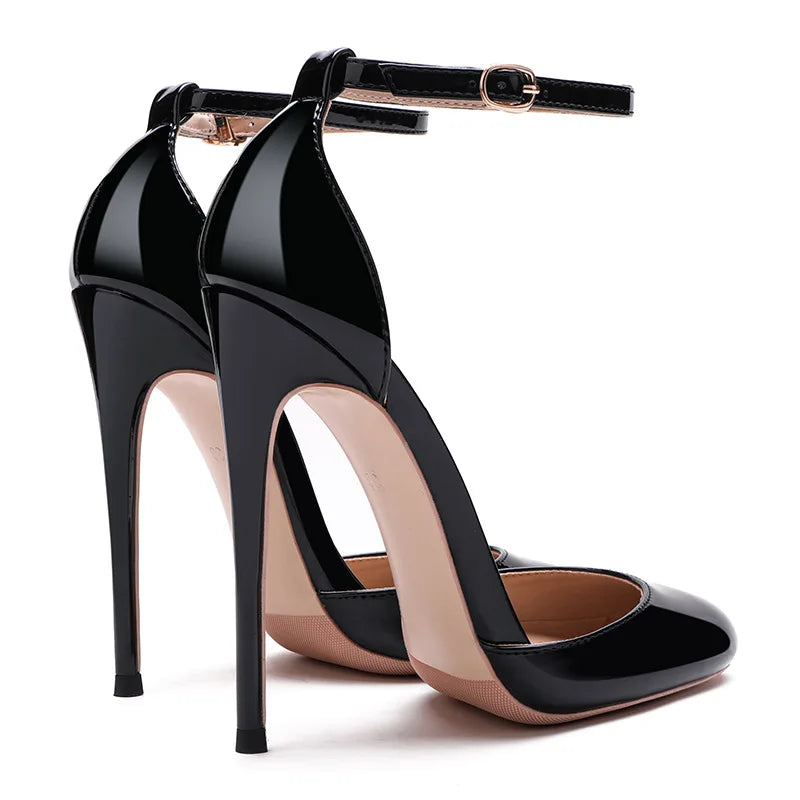 Black Patent Leather Women Ankle Strap Stiletto Pumps 10cm 12cm Professional High Heels Pointed Toe Sexy Summer Buckle Sandals