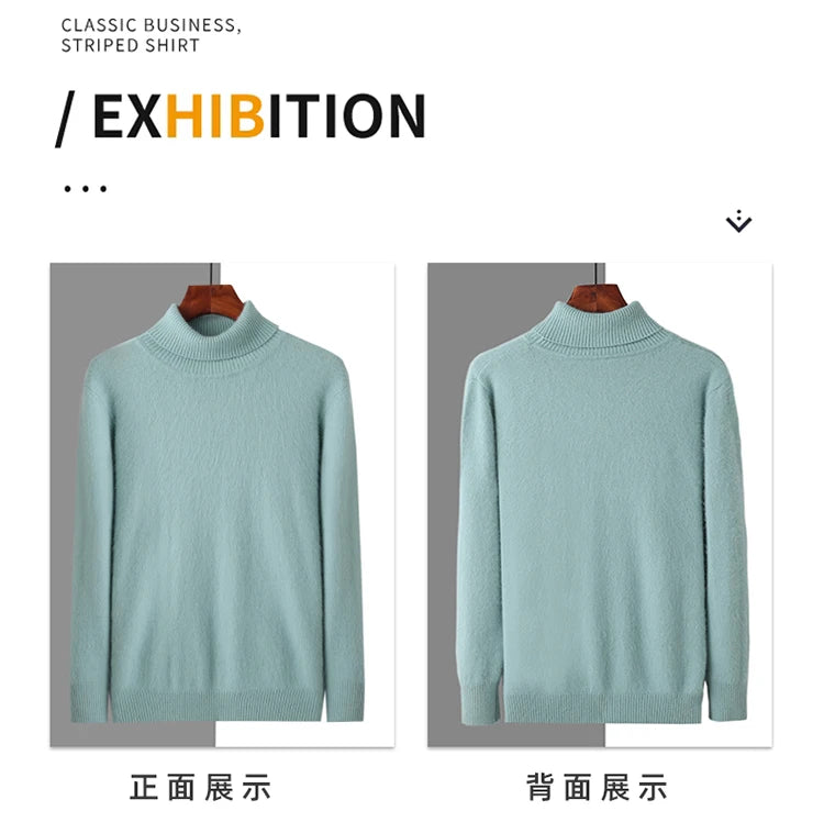 Men's 100% Mink Cashmere Sweater High Lapel Thick Knitted Pullover Casual Large Size Middle-Aged Sweater Autumn Winter New Tops