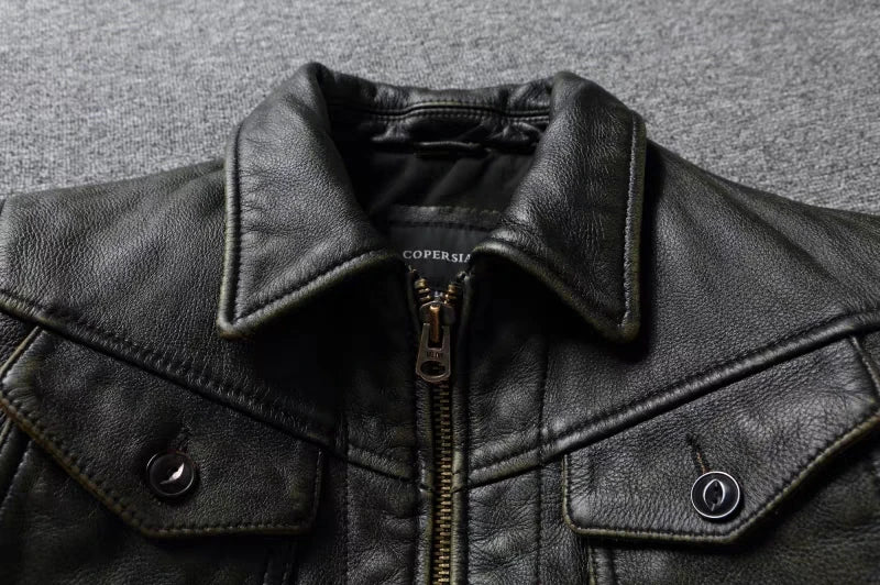 American Leather Jacket Men's Motorcycle Jacket Retro Distressed Graphite Olive Green Slim Lapel Jacket New Style