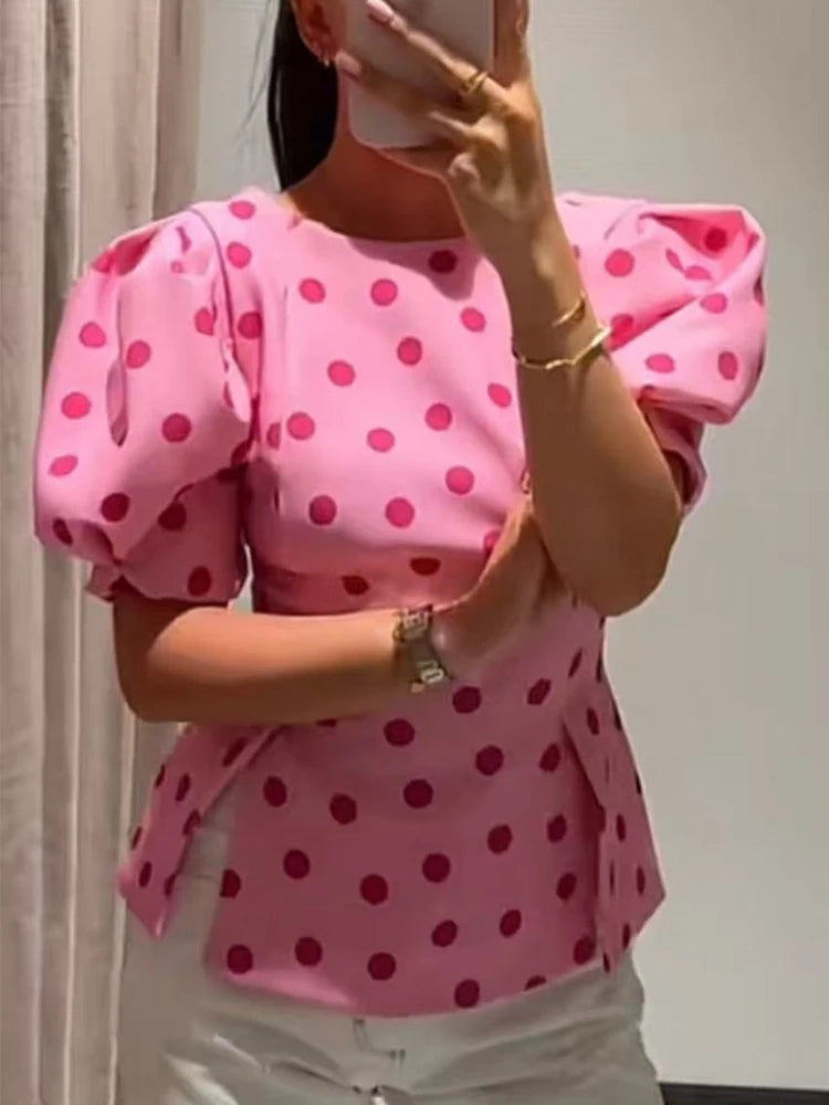 TFMLN Women's Sweet Blouse 2026 Street Chic O Neck Tee Female Summer Casual Vintage Polka Dot Puff Short Sleeve Tops New