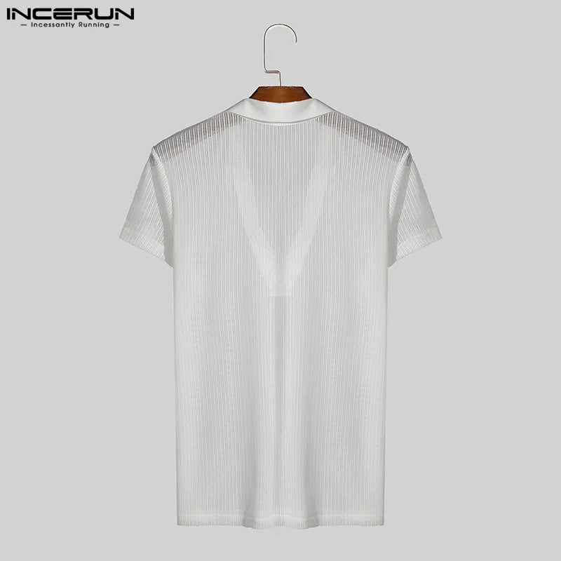 Fashion Well Fitting Tops INCERUN Men's Striped Perspective V-neck T-shirts Casual Streetwear Short Sleeved Camiseta S-5XL 2024