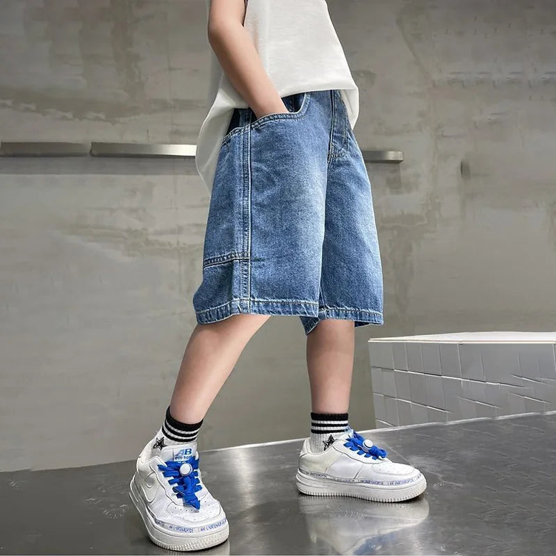 New Boys Summer Fashion Denim Shorts Kids Casual Loose Thin Knee-Length Trousers for 3-12 Years Teenager Outdoor Jeans Pants