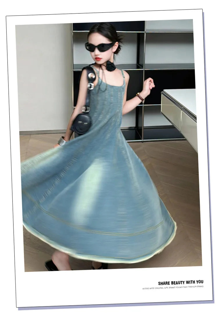 Kids Luxury Clothing Summer Denim Dress with Straps for Teenage Girls High Fashion Streetwear Outfit Children Casual Jeans Dress