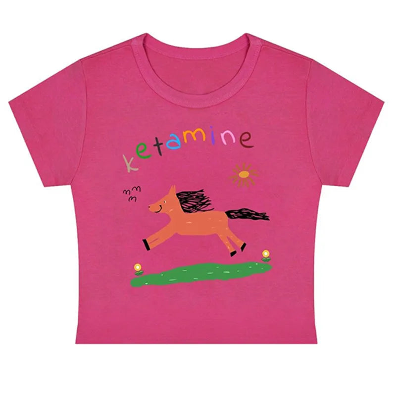 Summer new casual short-sleeve cute pony print Slim Blouse t-shirt kawaii crop top baby tee shirt vintage y2k clothes streetwear
