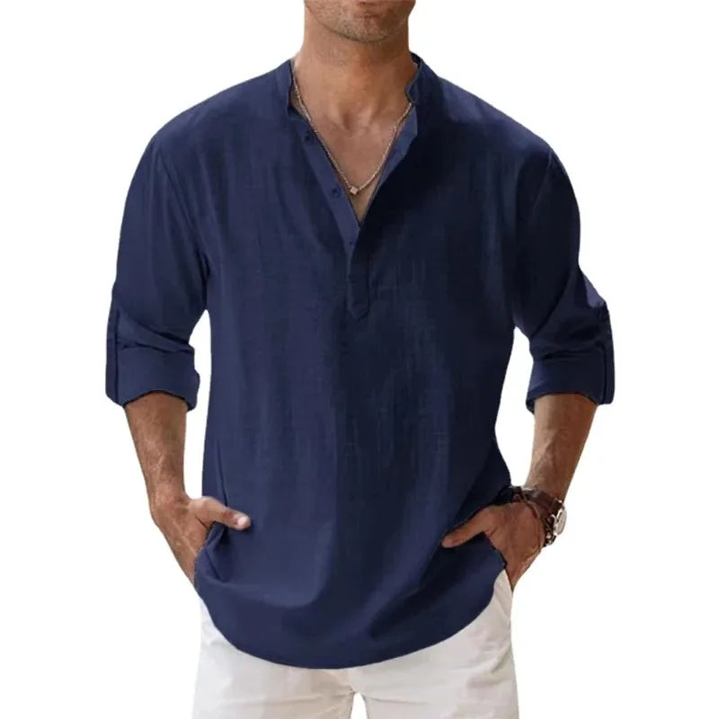 New Men Casual Shirts Lightweight Long Sleeve Henley Cotton Shirts for Beach Linen Shirts Hawaiian Breathable Collar Tops