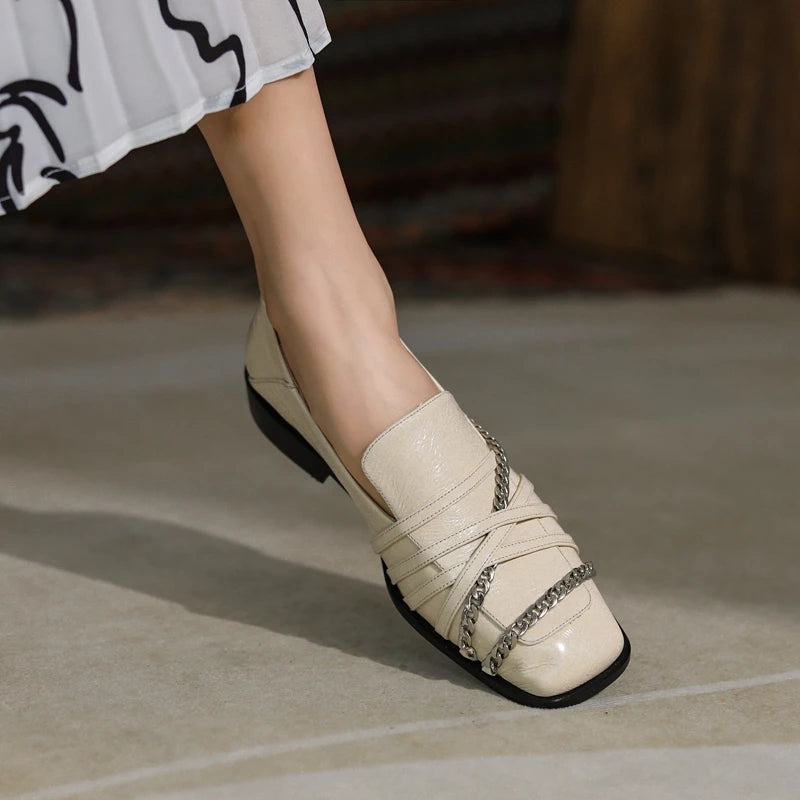 Dilalula 2025 Luxury Genuine Leather Loafers Womens Autum Spring Low Thick Heels Chain Pumps Female Leisure Natural Leather