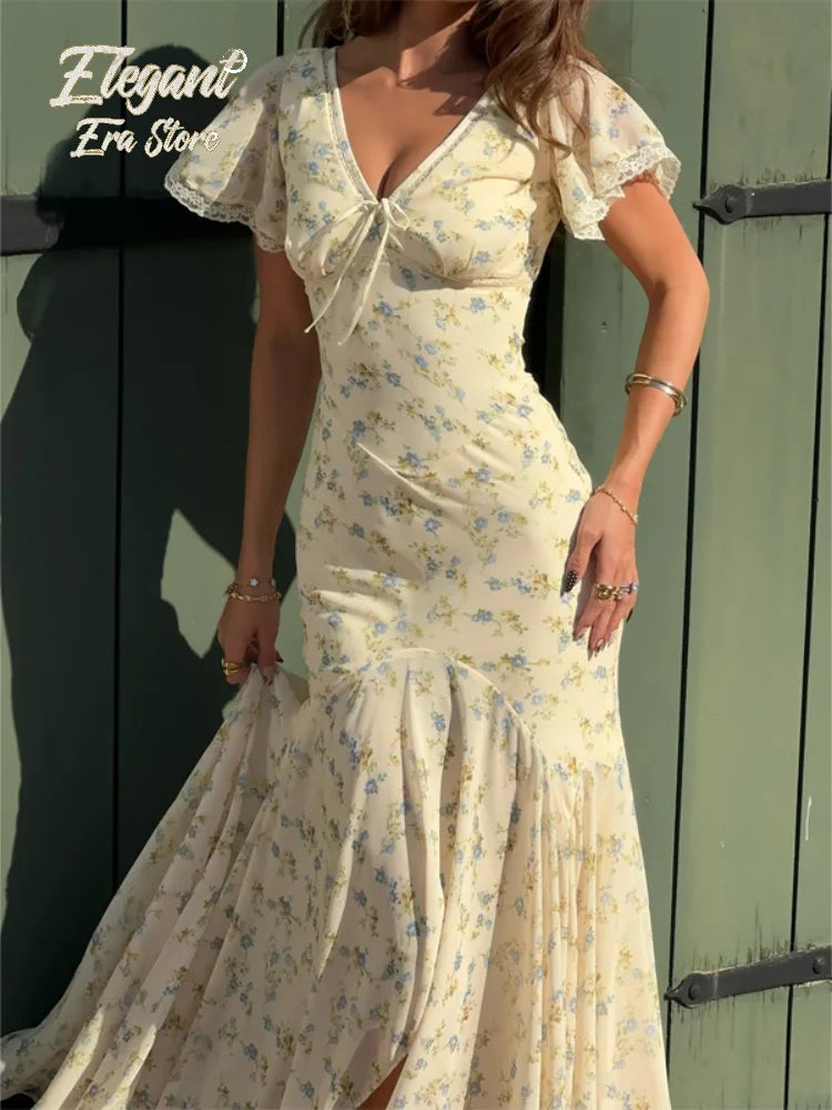 Chic Floral Puff Sleeve Women Maxi Dress Sexy V Neck Button Down Ruffle Slit Vestidos 2026 Summer New Lady Daily Party Sundress