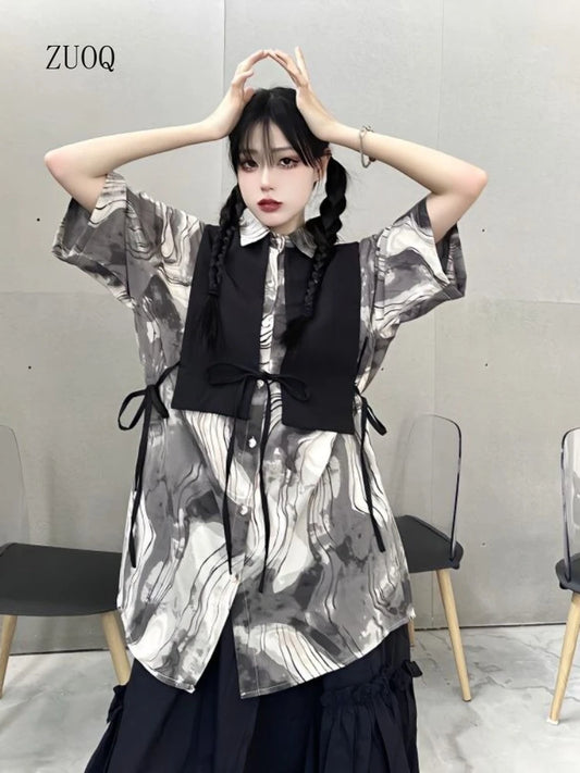 Streetwear Fashion Shirt Set for Women 2025 New Korean Retro Short Sleeve Shirts + Vest 2 Pieces Set Woman