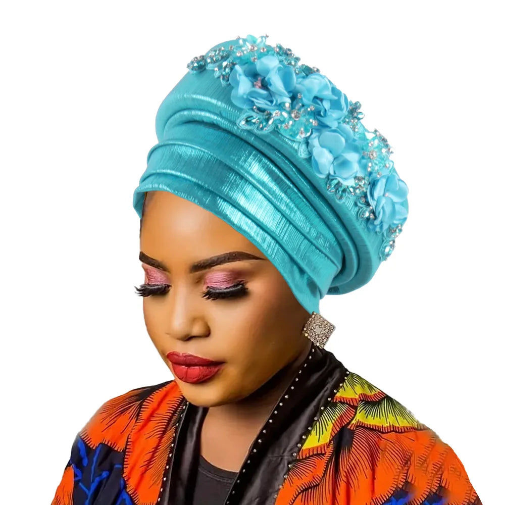 African Women's Turban Cap Diamond Flower Nigeria Auto Gele Headtie Already Made Wedding Geles Female Head Wraps Hat Party Mujer