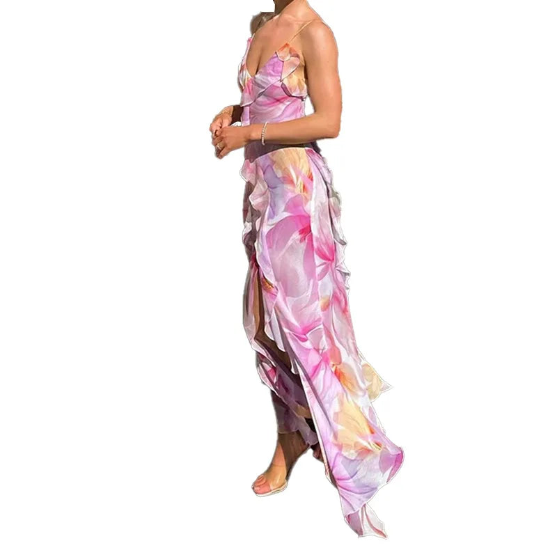 Summer New Style Women's Elegant Long Dress For Seaside Vacation Sexy Deep V-neck Suspender Slim Irregular Ruffled Slit Dress