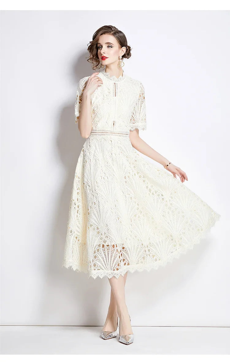 SMTHMA Vintage High-End O-Neck Short Sleeve Lace Hollow Out Dress For Women's Summer Slim Elegant Long Dress Female Clothing