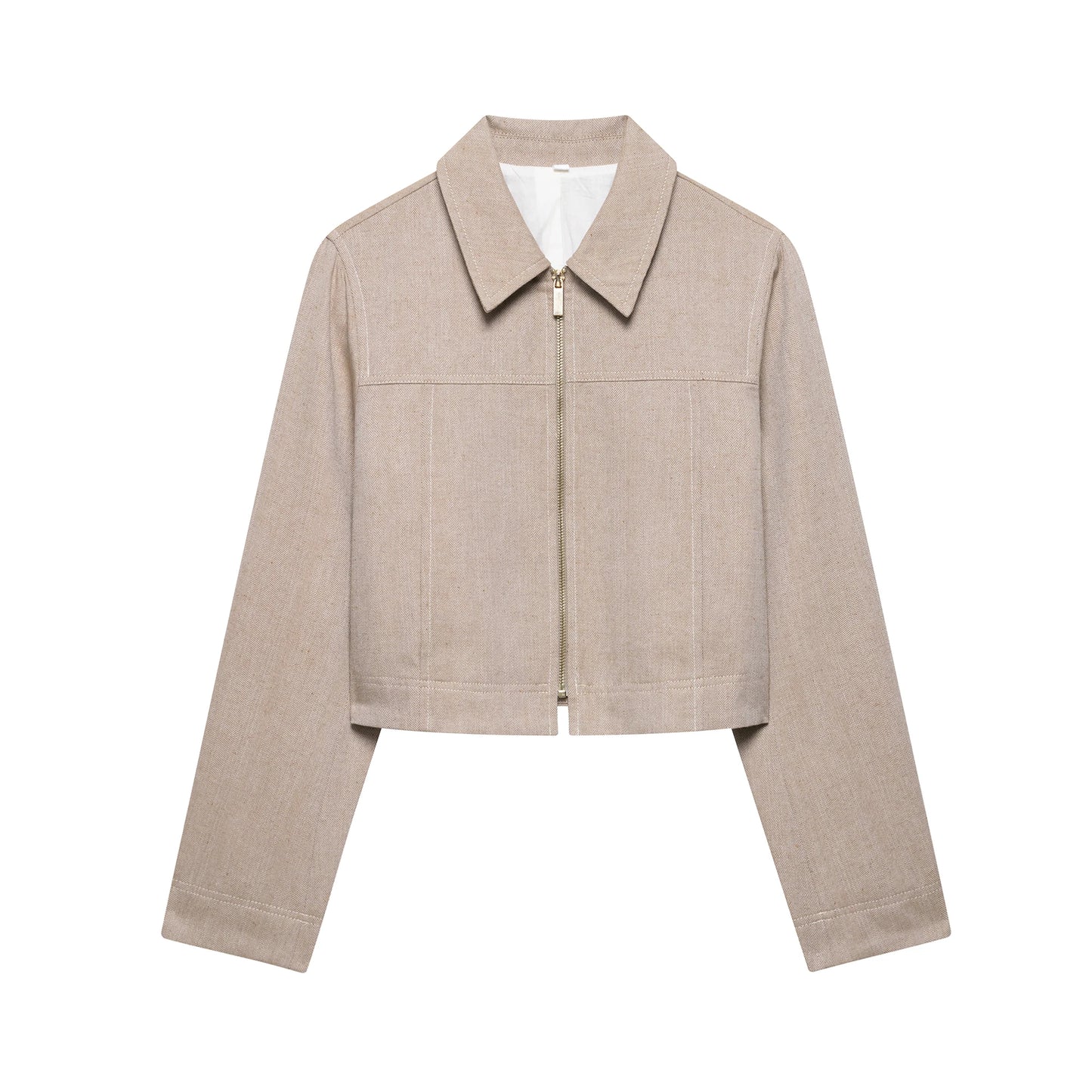 EDSA Women Khaki Herringbone Pants Set Cropped Jacket Long Sleeves Side Zip Low-rise Straight Leg Long Trousers Female Suits
