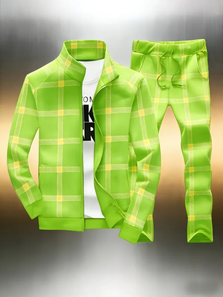 Men's Plaid Tracksuit 2 Piece Set Office Man Stand Collar Full Zip Jacket + Jogger Pants Casual Sportswear Outfit Male Clothings
