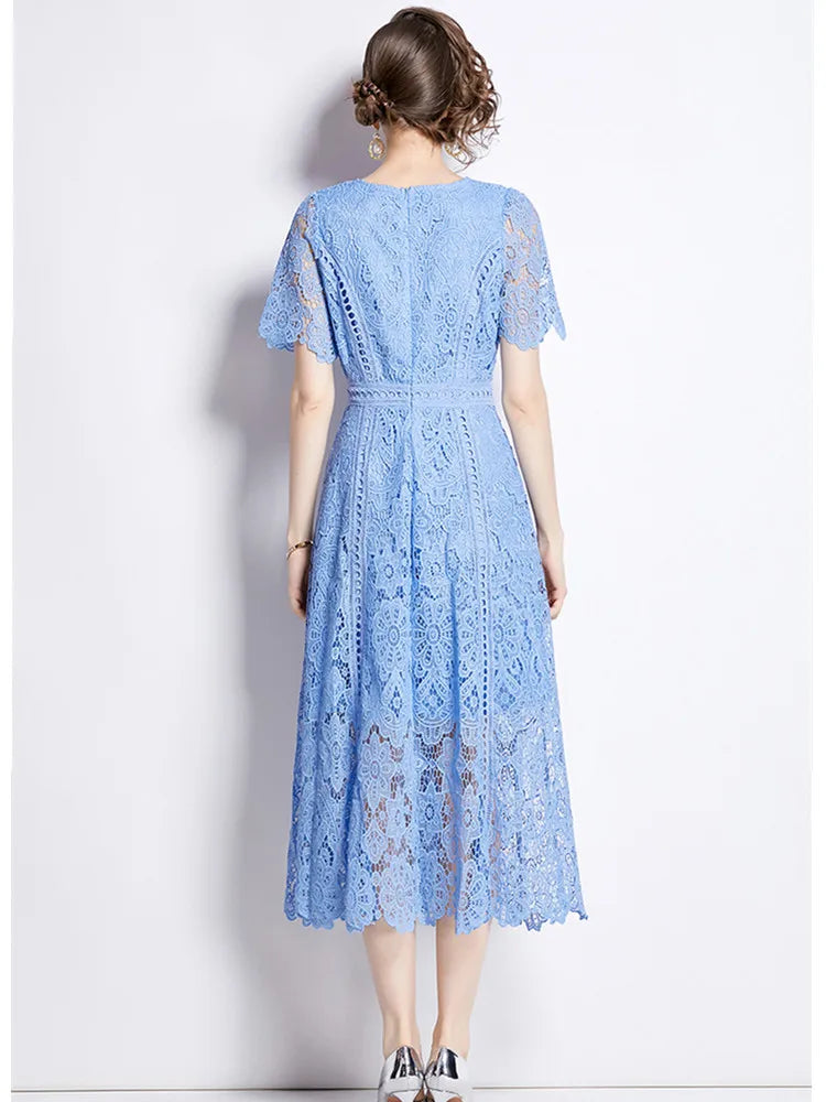 SMTHMA Vintage High-End O-Neck Short Sleeve Lace Hollow Out Dress For Women's Summer Slim Elegant Long Dress Female Clothing