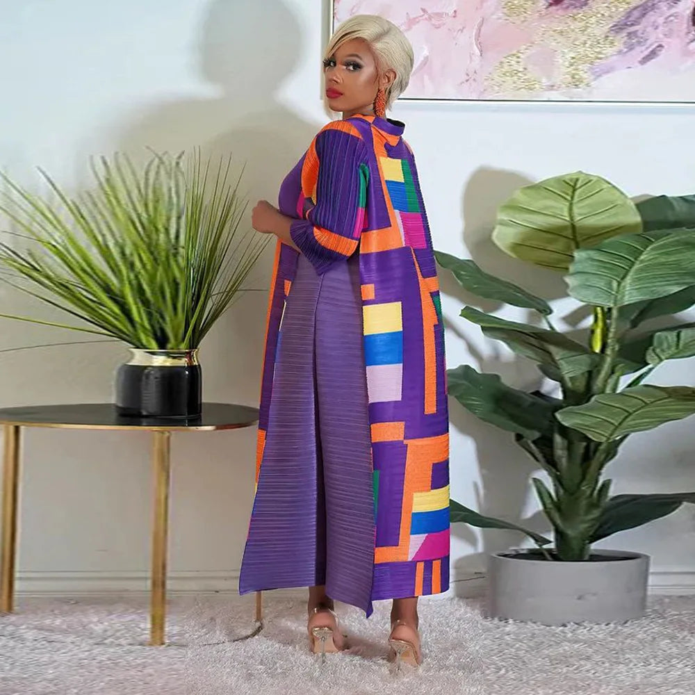 African Dresses for Women Summer Fashion Style African 3/4 Sleeve Polyester O-neck Pleated Dress Dashiki African Clothes Women