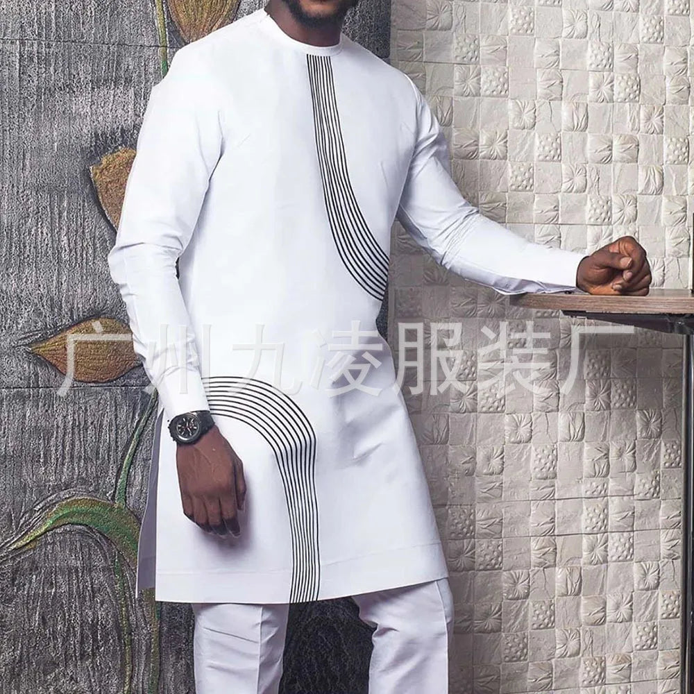 Ethnic Style African Tribal Men Shirts Round Neck Long Sleeve Business Casual Slim Blouses Comfy Traditional Long Tops Gentleman