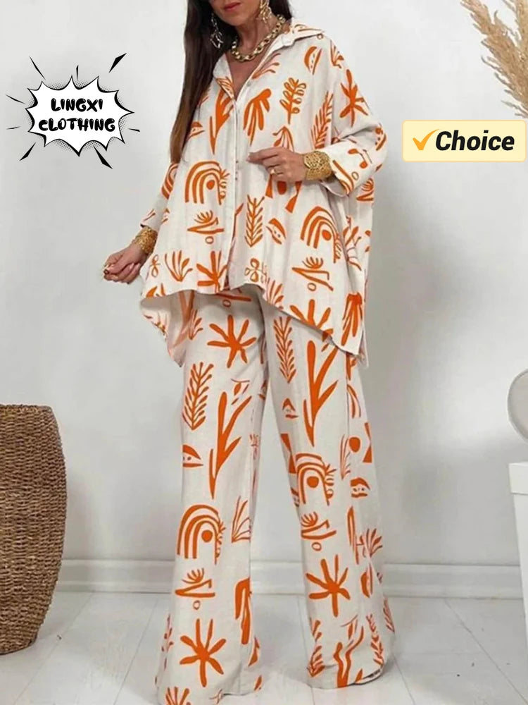 Summer Fashion New Printed Women's Set Printed Pattern Flip Collar Open Single Breasted Top Wide Leg Pants Elegant Two Piece Set