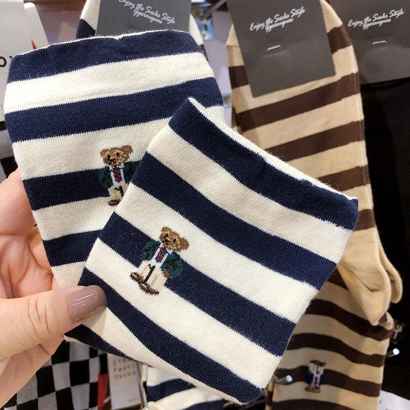 Good Quality Cartoon Gentleman Bear Men's Socks Cotton Harajuku Style Sport Boys Skateboard Novelty Breathable  Christmas Gifts