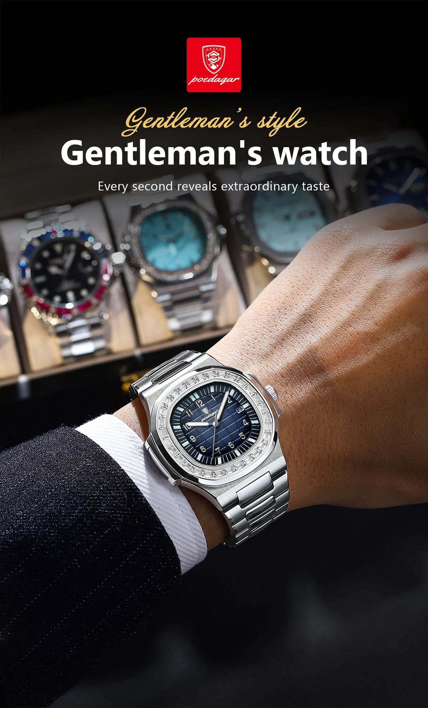 POEDAGAR Luxury Square Man Watches Waterproof Luminous Date Men Wristwatch Casual Male Clock Stainless Steel Men's Quartz Watch