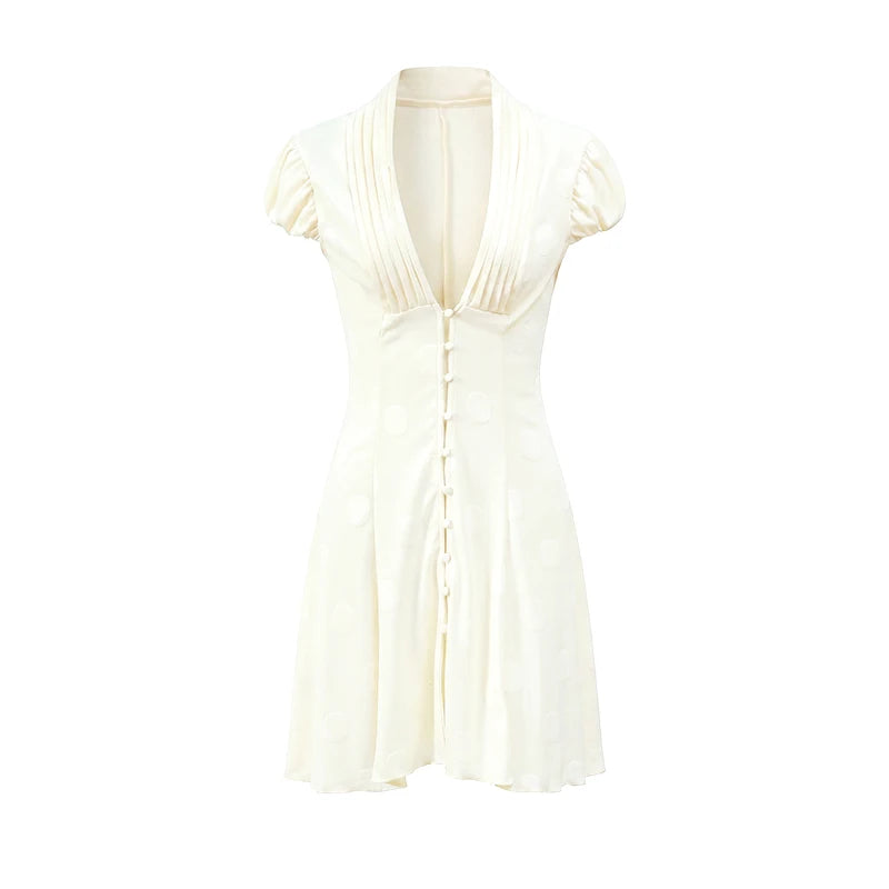 Elegant Solid Polka Dot Dress Women Sexy Deep V Neck Puff Sleeve Waist-cinching Mini  A-line Dresses 2026 Summer Lady Party Robe