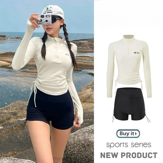 Swimwear Sports Style Long Sleeved Sunscreen Fashion Two-piece Set Women Conservative Slimming Effect Drawstring Flat Corner