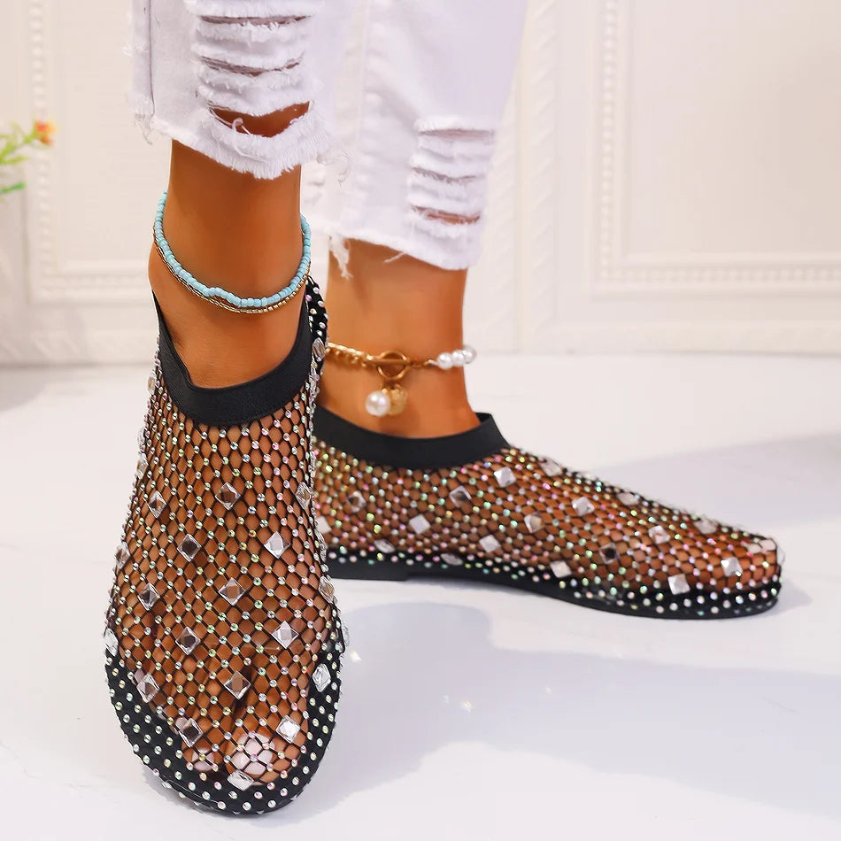 Summer Women's New Round Toe Flat Bottom Sandals Hollow Short Boots Water Diamond Sexy Flat Bottom Fashion Banquet Sandals