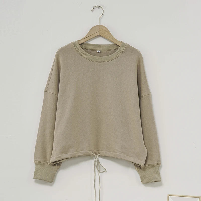 100% Cotton Women's Drawstring Sweatshirt Autumn New Casual Solid Long Sleeved Korean Fashion Streetwear Female Pullover