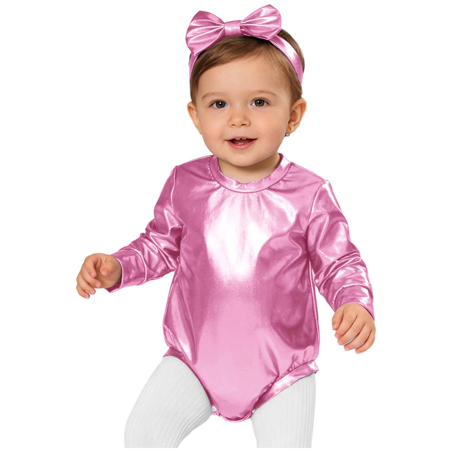 Baby Girls Long Sleeve Metallic Shiny Buttons Crotch Romper with Bow Headband Birthday Theme Party Photography Outfit Daily Wear