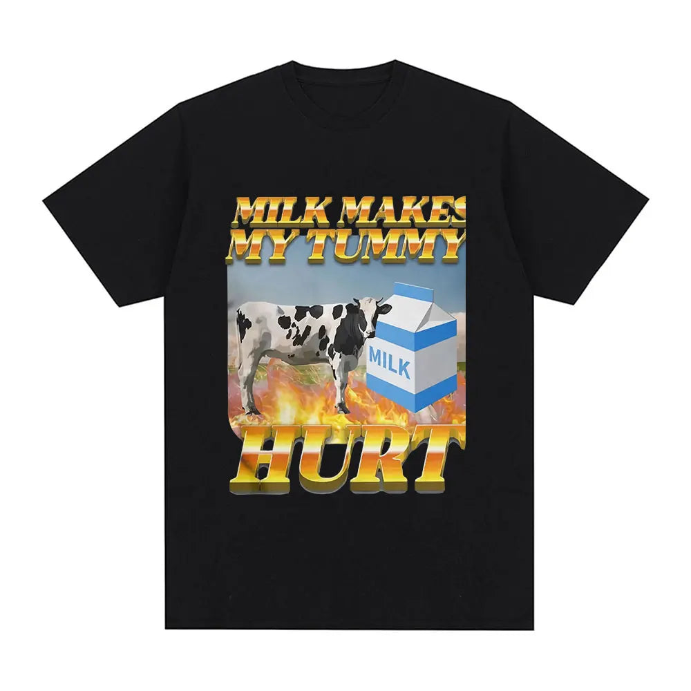 Milk Makes My Tummy Hurt T-shirt Lactose Tolerant Funny Meme Graphic T Shirt Men Fashion Vintage Hip Hop Short Sleeve T-shirts
