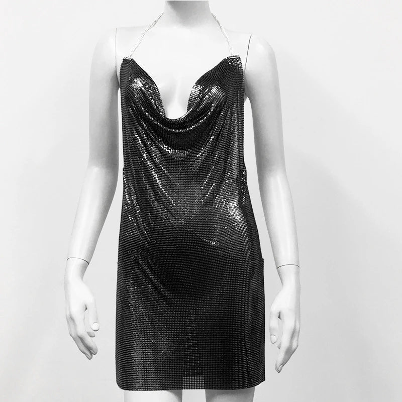 2024 Sexy Clubwear Backless Sequin Short Dress For Women Cocktail Metalic Split Mesh Harness Body Chain Club Low Cut Mini Dress