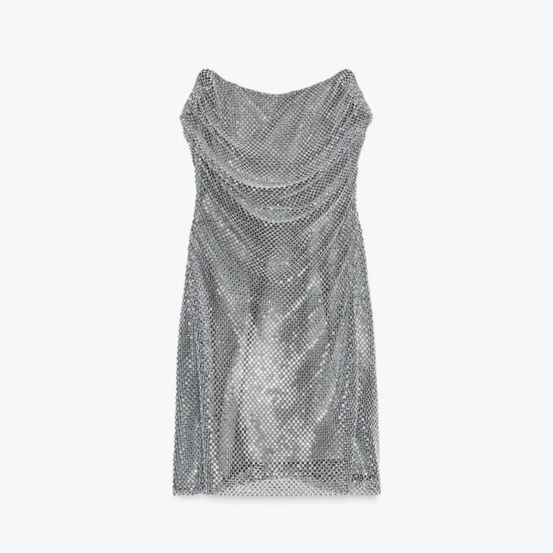 Sexy Rhinestone Strapless Vest Mini Skirt Sets Women Pleated Sleeveless Backless Tops Short A-line Skirts 2025 Summer Lady Suits