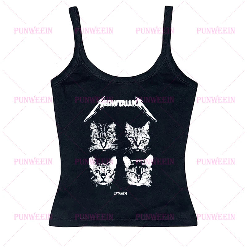 Punk Subculture cat Graphic print vibe Women Slim crop top Gothic band Vintage Baby Tees Sexy vest 90s Y2k vibe Style Streetwear