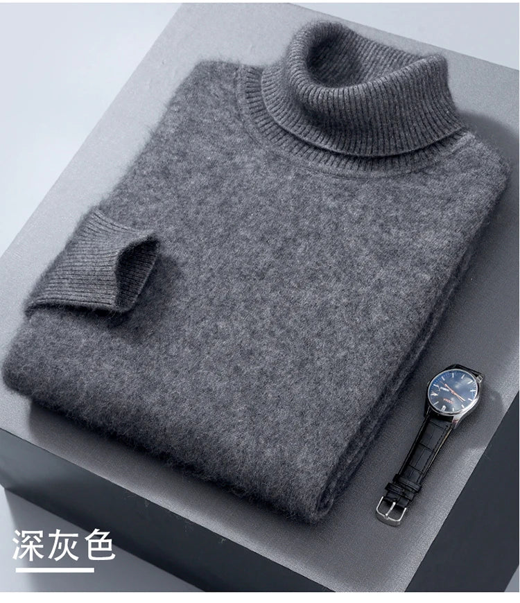 Men's 100% Mink Cashmere Sweater High Lapel Thick Knitted Pullover Casual Large Size Middle-Aged Sweater Autumn Winter New Tops
