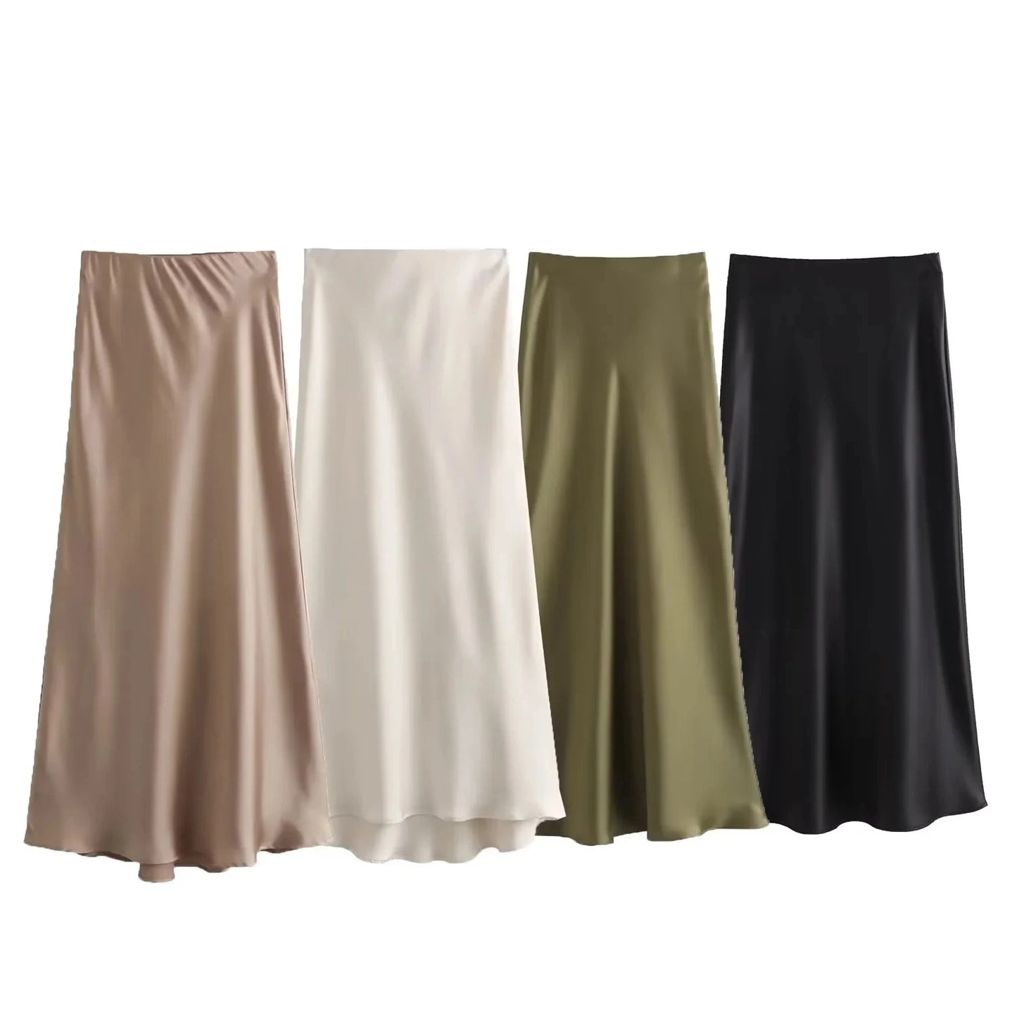HH Women Fashion Vintage Solid Skirt Satin Slim Elastic Waist Midi Skirts Office Lady Wear Elegant Woman Chic Mermaid Skirt