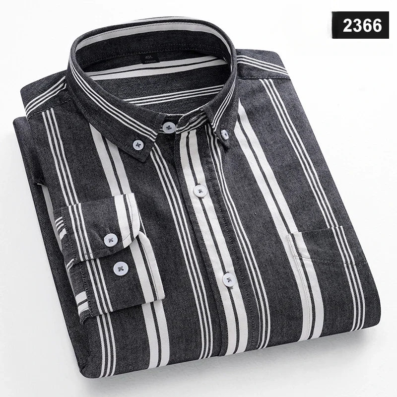 Fashion korean trends casual long-sleeve shirts for men slim fit plain shirt 100%cotton plaid striped tops soft designer clothes