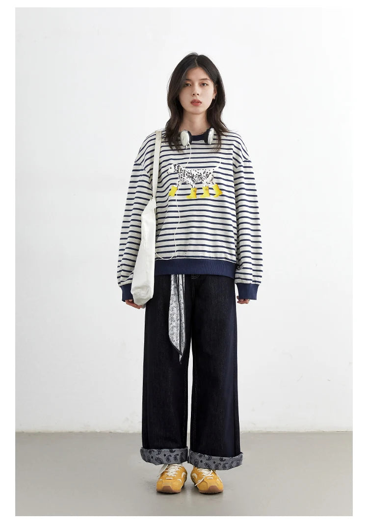 CHIC VEN New Women T-Shirts Loose Casual Round Neck Striped Dog Print Long Sleeved Female Tees Pullover Autumn Winter 2025