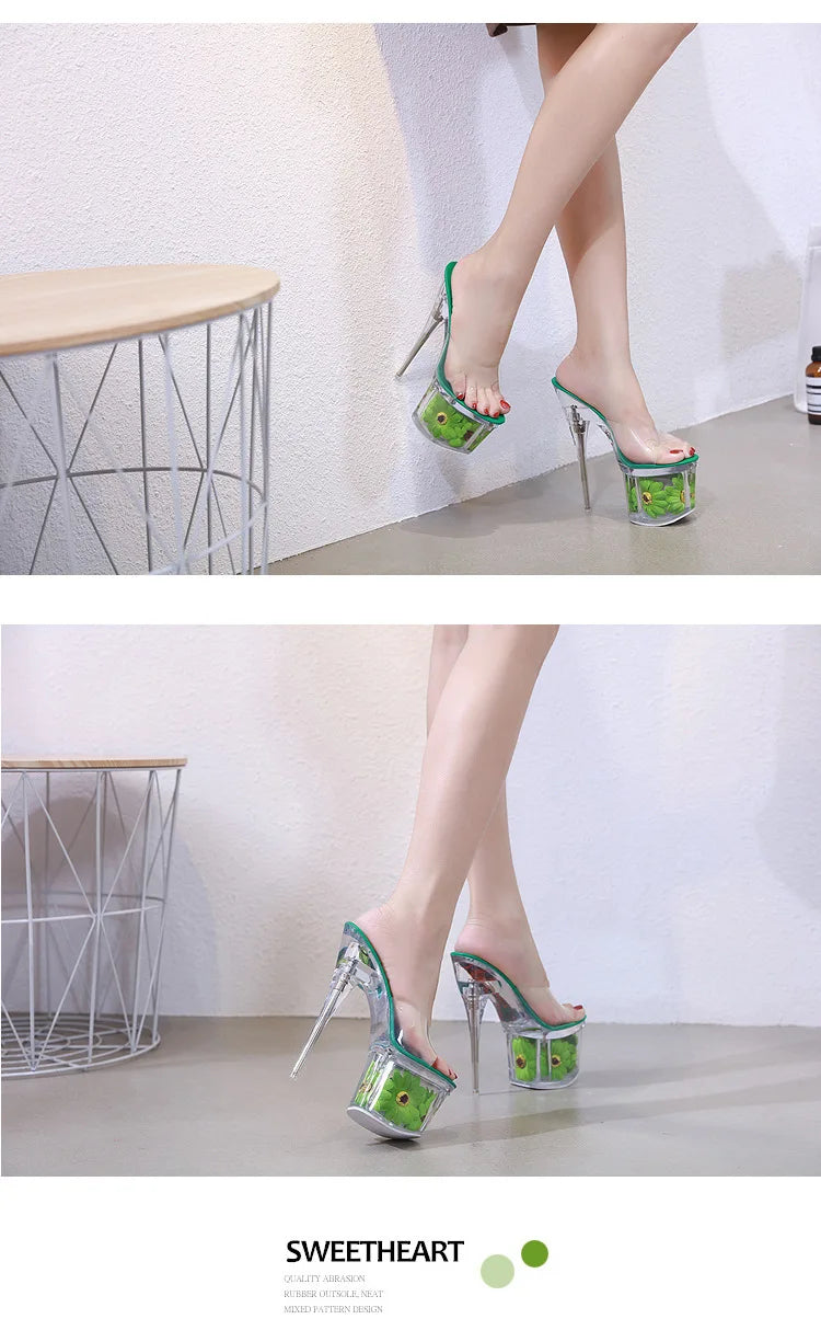 Crystal Transparent Shoes Women 17.5CM Super High Heels Plus Size Nightclub Sandals Clear Thin Heeled Fashion Female Slippers
