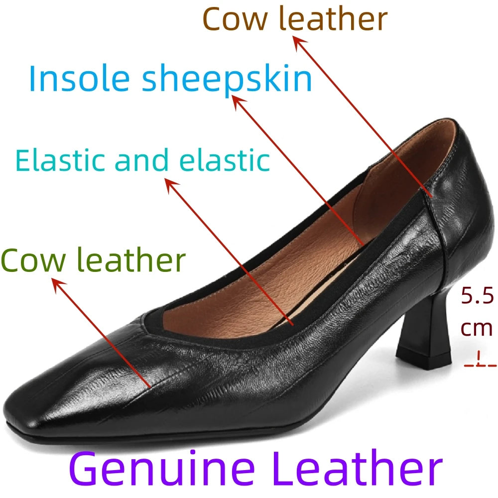 【JOCHEBED HU】Brand Genuine Leather Square Toe Women Pumps Slip Mid Heels Solid Color Dress Party Spring Autumn Shoes Handmade