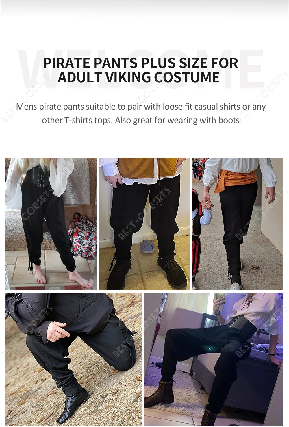 Medieval Pants for Men Costume Cosplay Renaissance Bandage Pants Gothic Trousers Plus Size Pirate Pants Brown Black