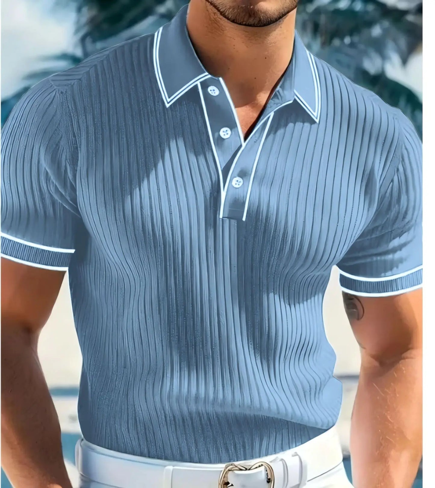 New Men's Short Sleeved Summer Color Blocked Striped Lapel Polo Shirt for Summer
