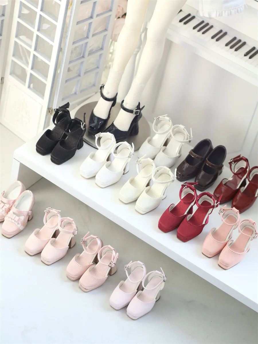 BJD Doll Shoes Toys GL/DFH 1/4 Girls High Heels Square Toe Pink White Black Soft Silk Elegant Glossy Leather Doll Accessories