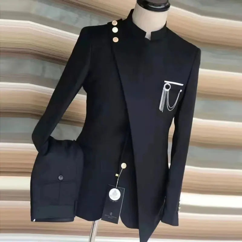 Men Blazer Suits 2 Piece Set Party Coat Straight Pants Ensemble Stand Collar Buttons Trousers Suit Jacket Outfits Autumn 2025